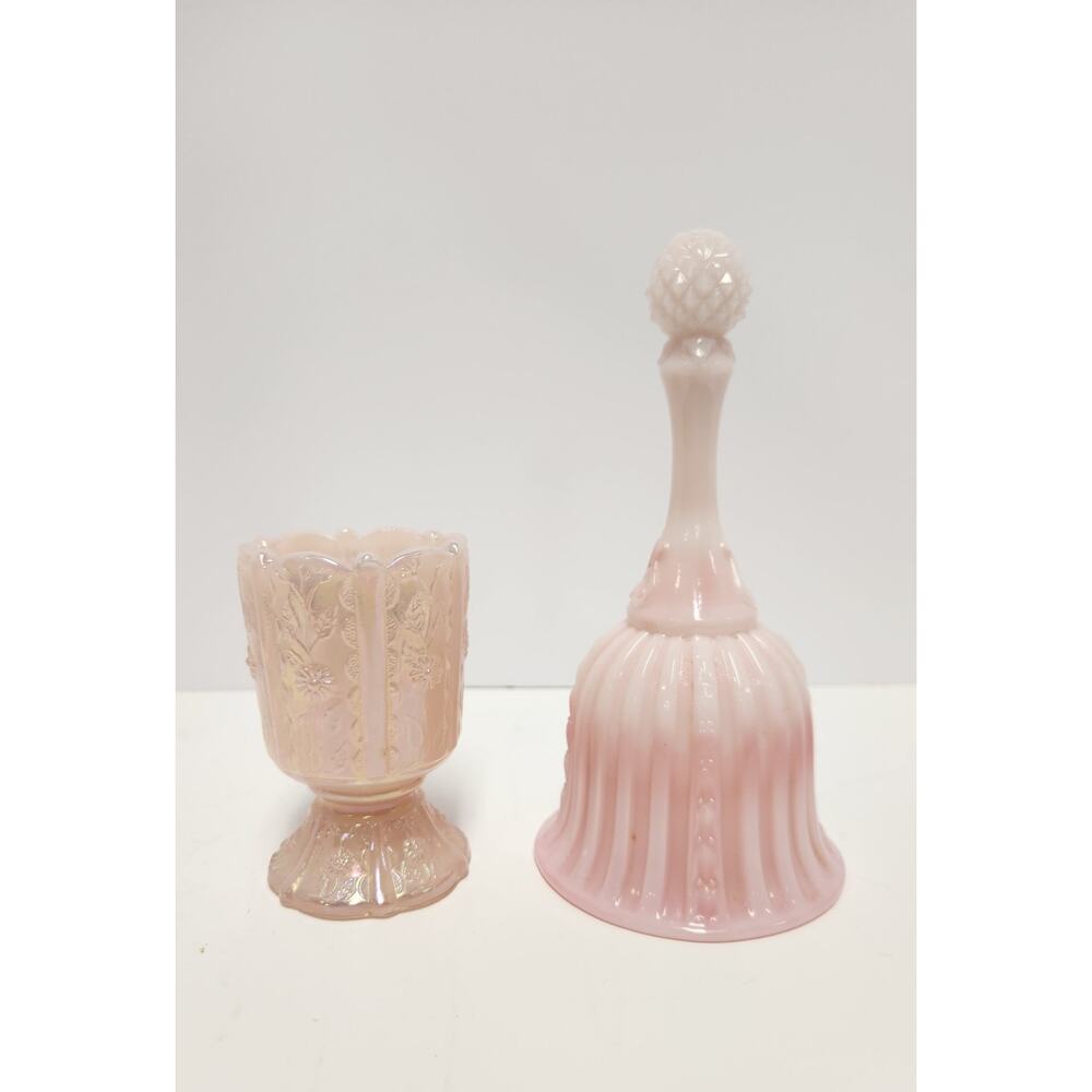 Vintage Fenton Pink Opalescent Glass Bell & Goblet Set Iridescent Rose Colonial